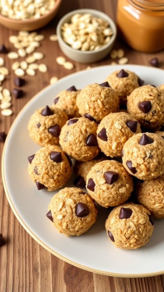 A plate of healthy oat energy bites with chocolate chips, surrounded by oats and nut butter on a wooden table.
